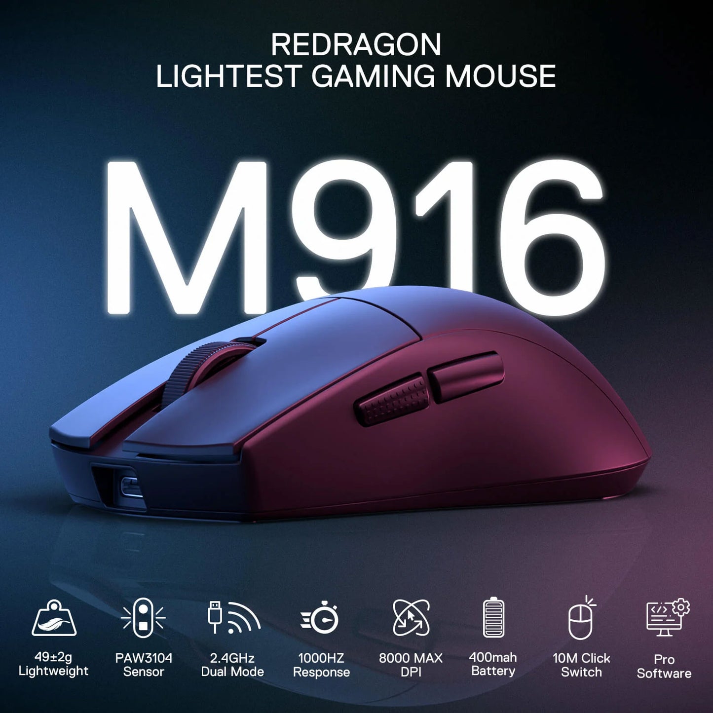 BOLT AXTION M916 PRO Wireless Gaming Mouse - 49G Ultra-Light, 26K DPI, 3-Mode, Ergonomic Grip, Programmable Buttons, DPI & Keybind Customization
