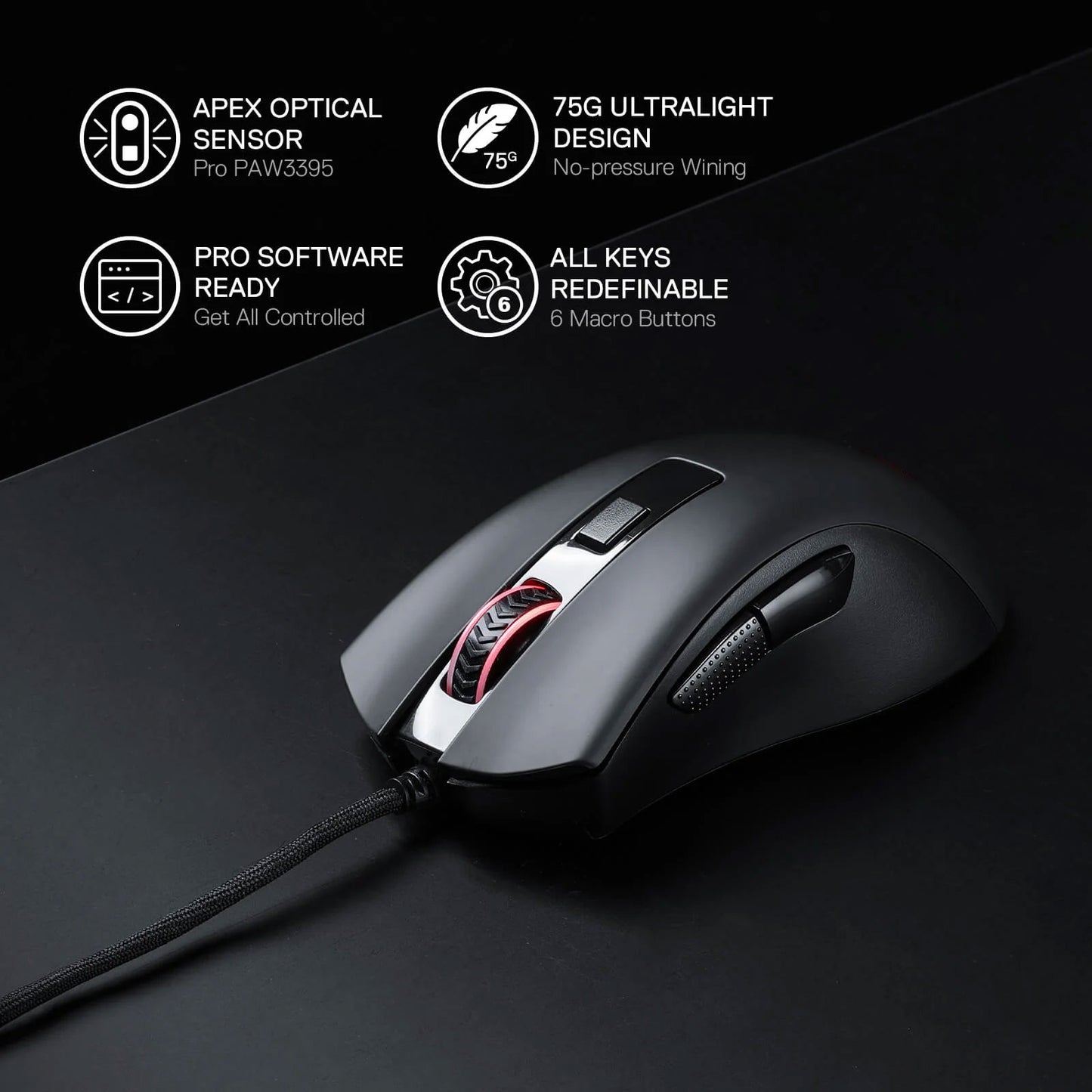 BOLT AXTION M993 RGB Gaming Mouse - 26,000 DPI Wired Optical Gamer Mouse, 6 Programmable Buttons, 5 RGB Backlit Modes, Custom Keybinds & Lighting Software