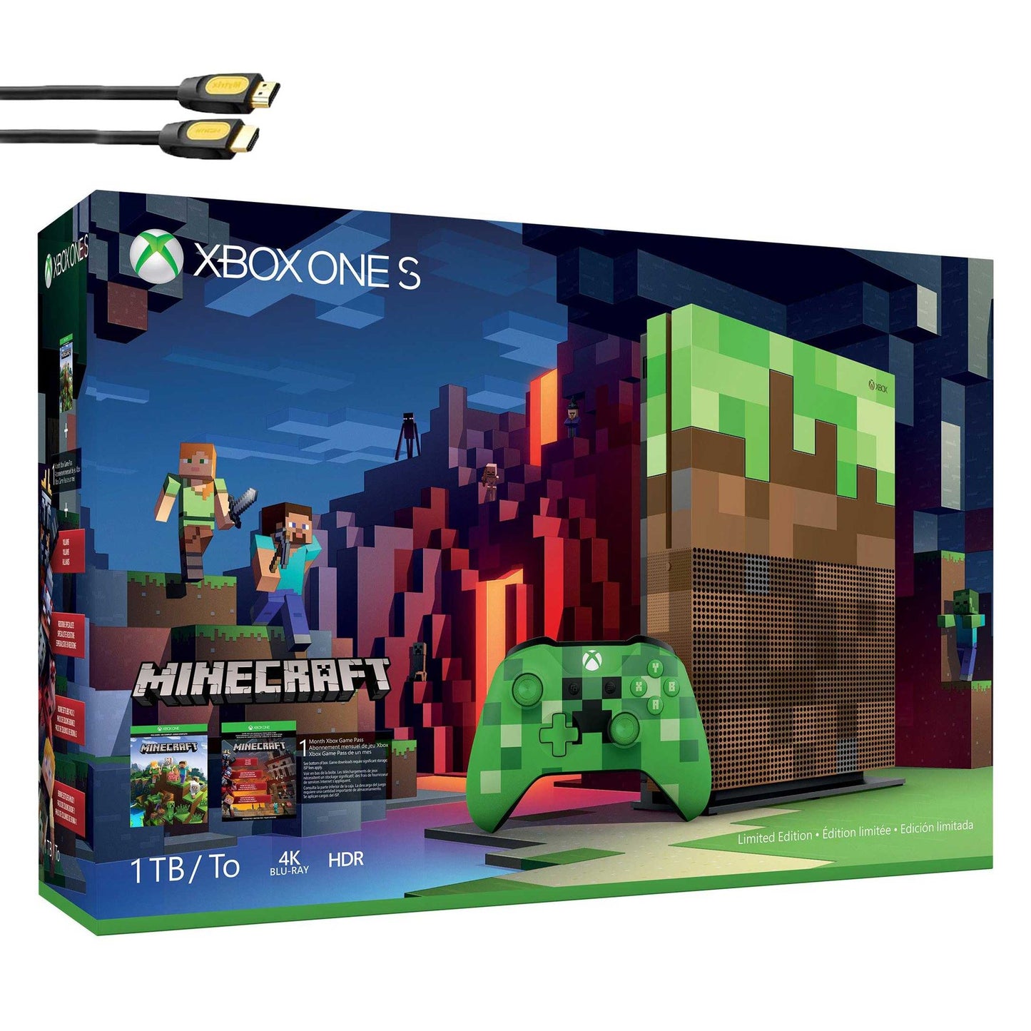 Microsoft 23C-00001 Xbox One S Minecraft Limited Edition 1TB Gaming Console with 2 Controller Included BOLT AXTION Bundle Like New
